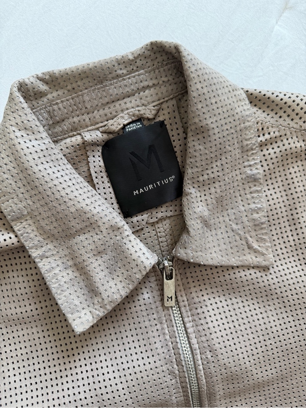 Perforated Taupe Zip-Front Leather Jacket